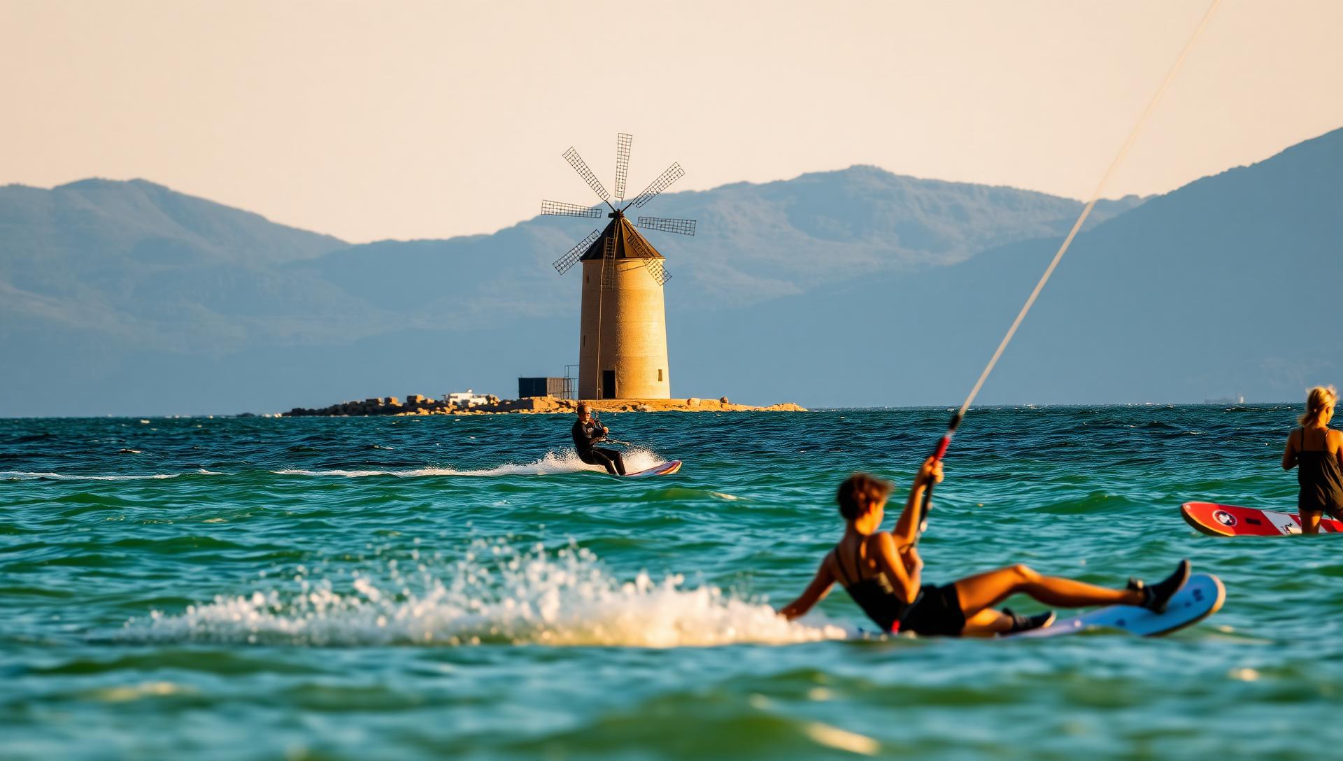 Kitesurfer nella laguna dello Stagnone con mulino a vento sullo sfondo