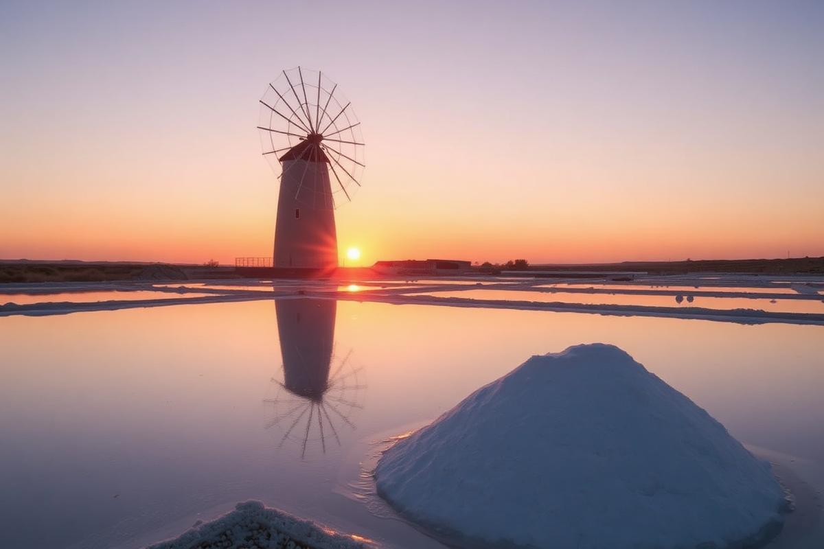 Mulino a vento e vasche delle saline di Trapani al tramonto